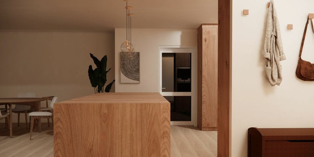Cocina mediterránea con estantes de madera y azulejo amarillo