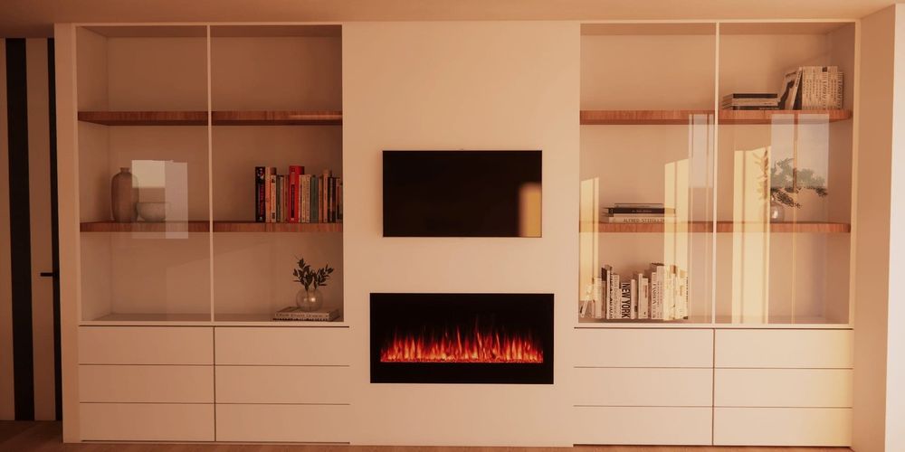 Mueble a medida de salón con chimenea y vitrinas