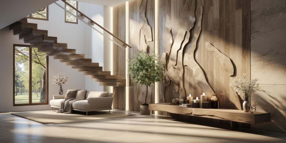 Salón a doble altura con escalera de madera