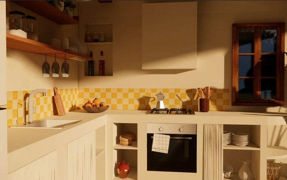 Cocina de estilo mediterráneo abierta al comedor