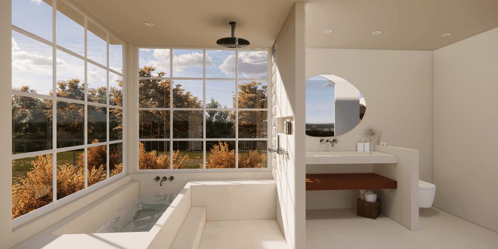 Baño con bañera de obra junto a un gran ventanal